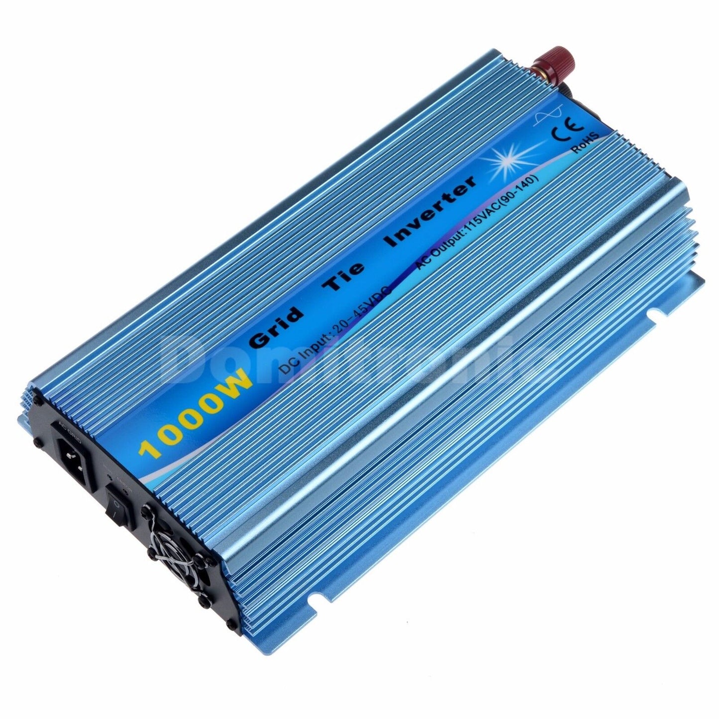 1000W grid tie inverter in blue aluminum case with AC outlet and label showing DC 20–45V input