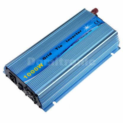 1000W grid tie inverter in blue aluminum case with AC outlet and label showing DC 20–45V input