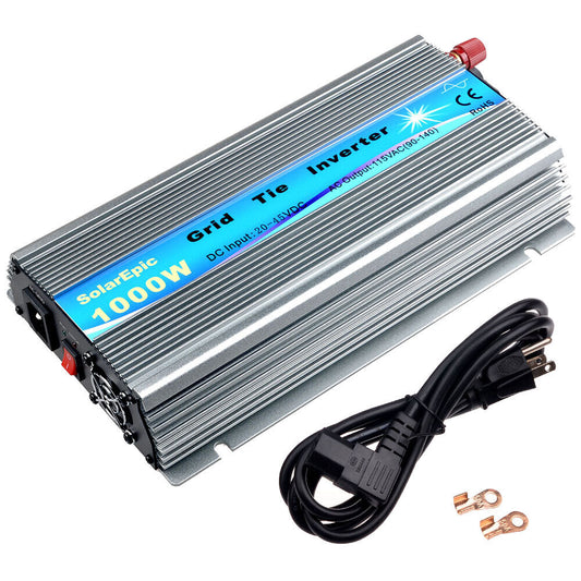 SolarEpic 1000W grid tie inverter with finned aluminum case, cooling fan, power cord, and ring terminals