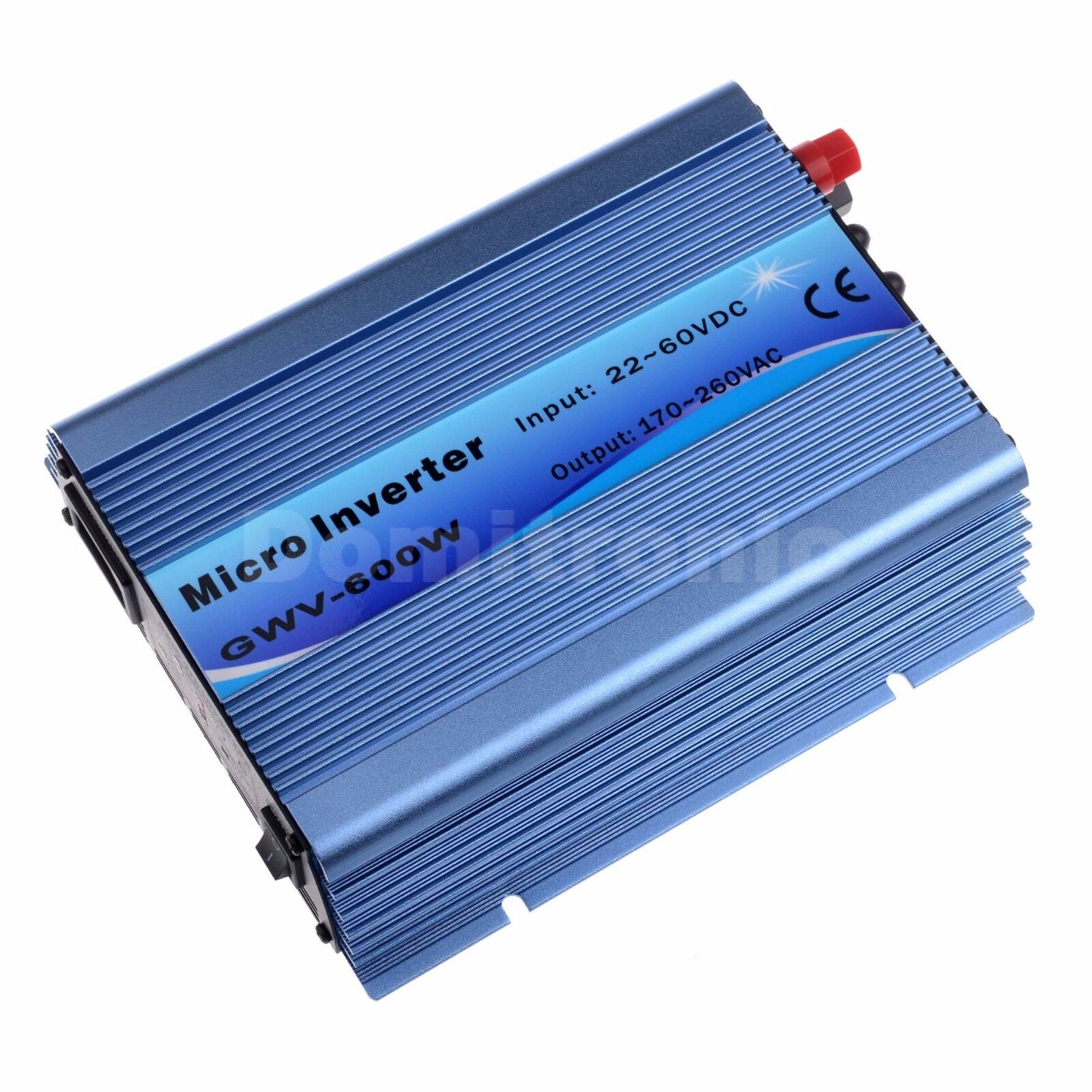 Grid Tie Inverter, Blue micro grid-tie inverter labeled GWY-600W, input 22–60VDC and output 170–260VAC