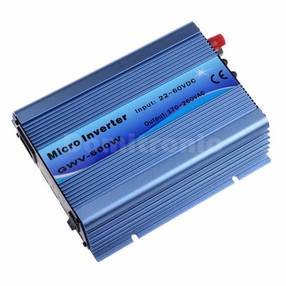 Grid Tie Inverter, Blue micro grid-tie inverter labeled GWY-600W, input 22–60VDC and output 170–260VAC
