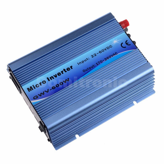 Grid Tie Inverter, Blue micro grid-tie inverter labeled GWY-600W, input 22–60VDC and output 170–260VAC