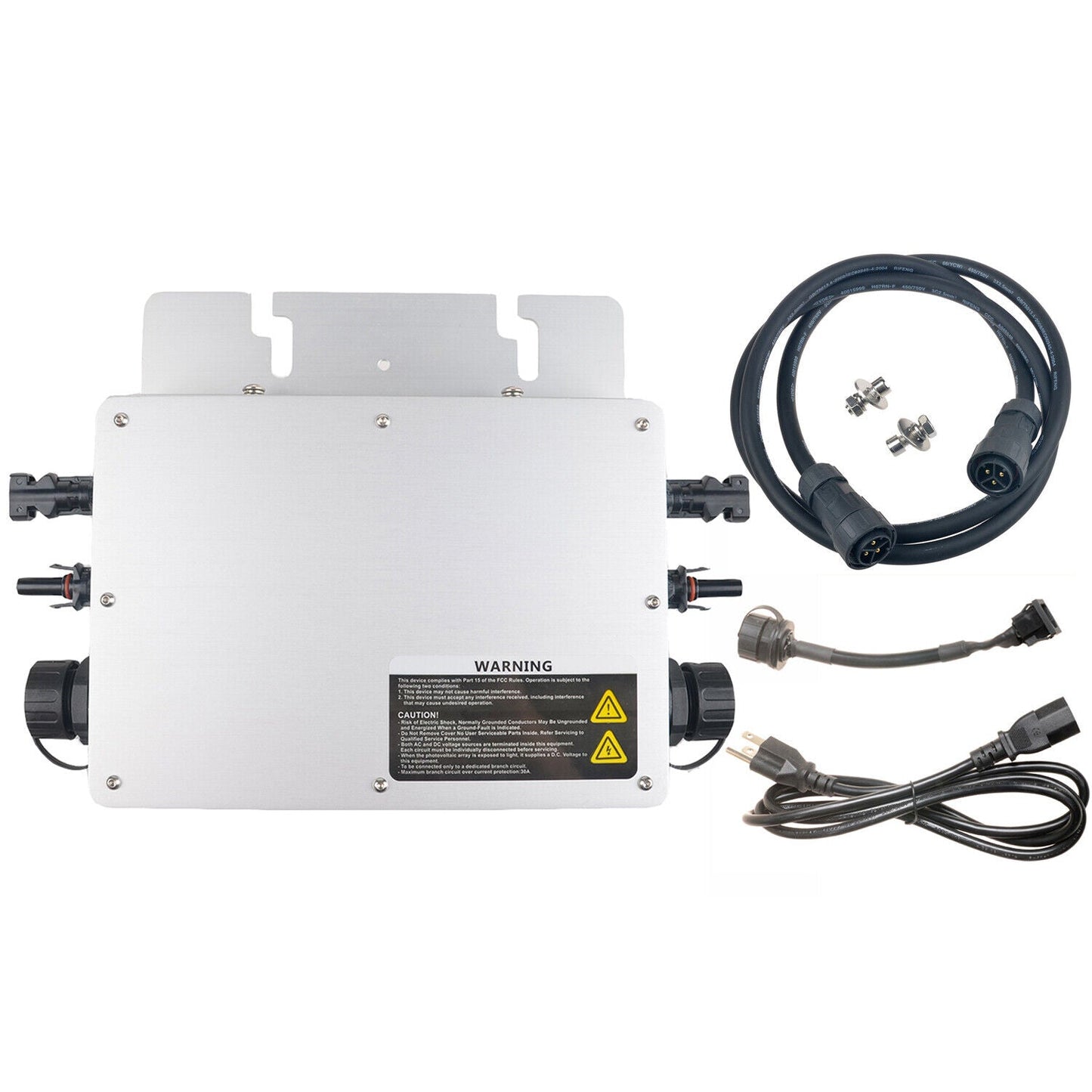 MPPT 700W waterproof grid tie inverter with aluminum enclosure, cable harnesses, and mounting hardware