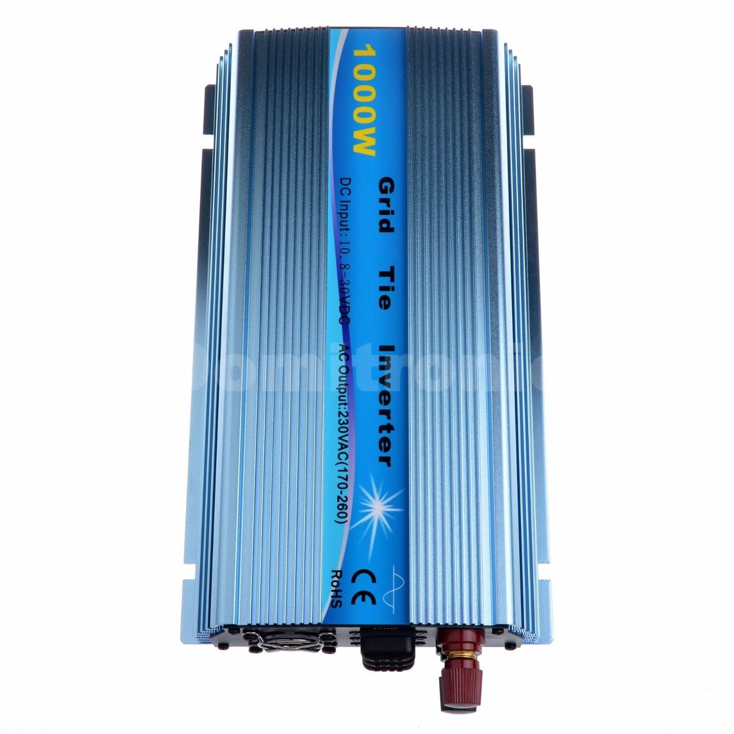 1000W grid tie inverter in blue finned aluminum case with DC input 10.8–30V and AC output 230VAC label