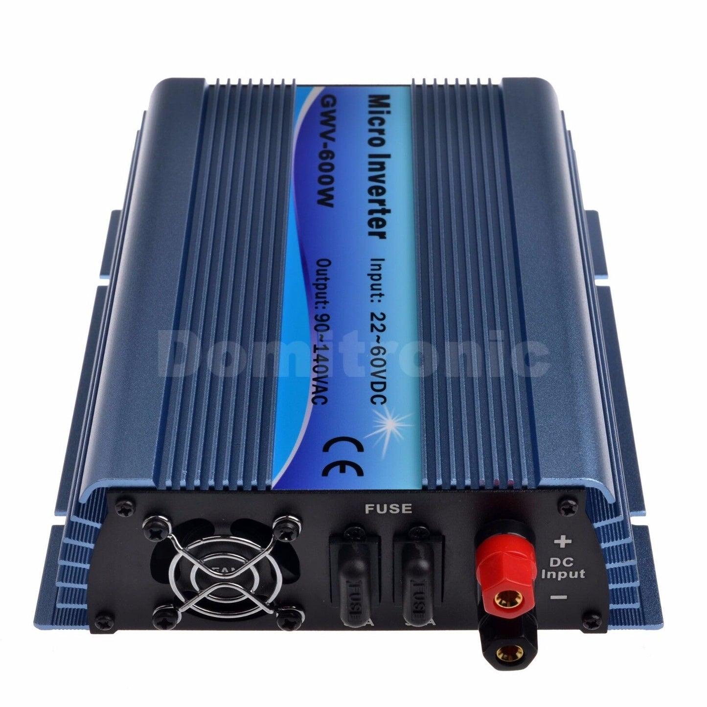 Grid Tie Inverter, 600W micro grid-tie inverter with cooling fan, fuse, and DC input terminals (22–60VDC, 90–140VAC output)