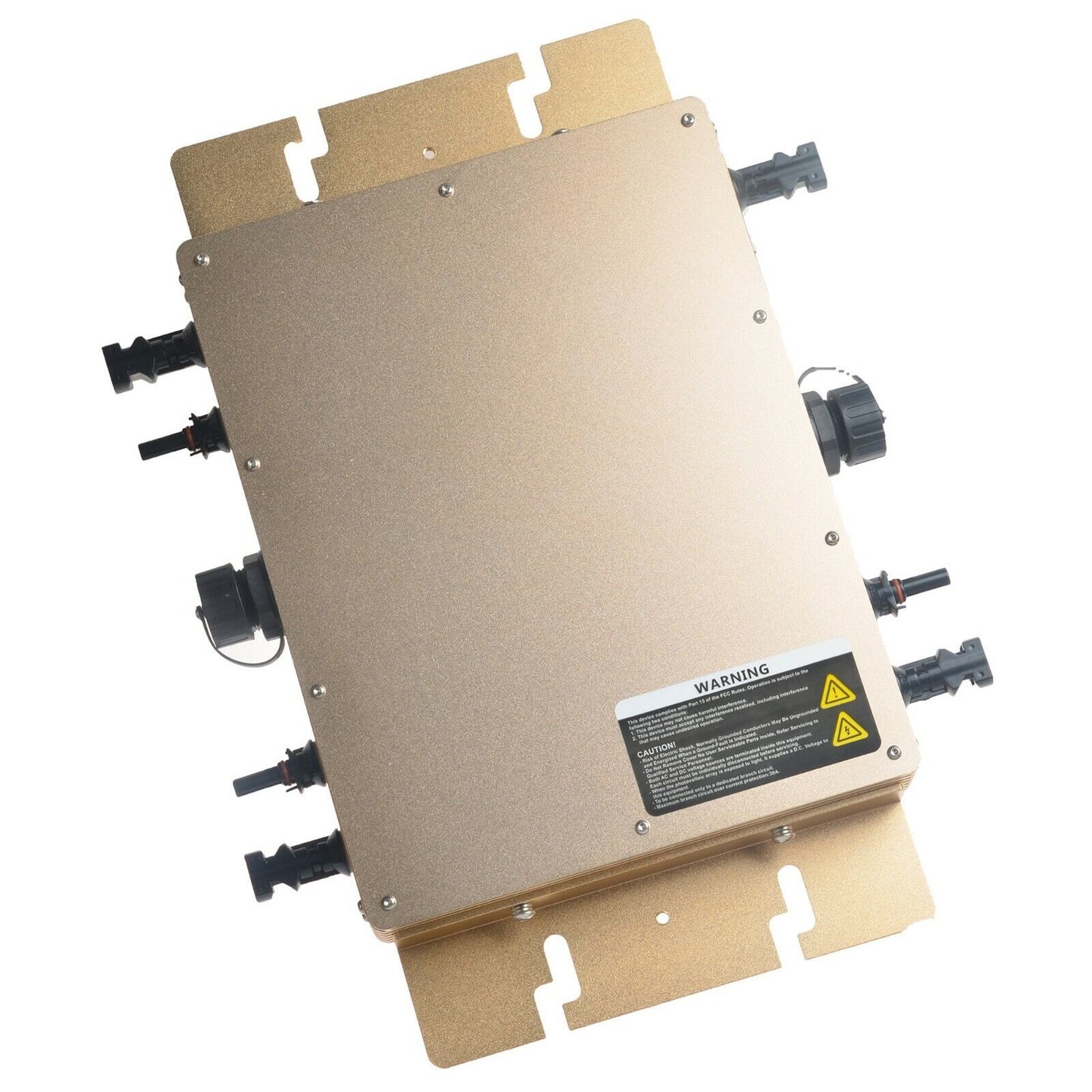1200W Waterproof Grid Tie Inverter, Metal waterproof grid-tie inverter unit with mounting flanges and multiple cable connectors on the sides