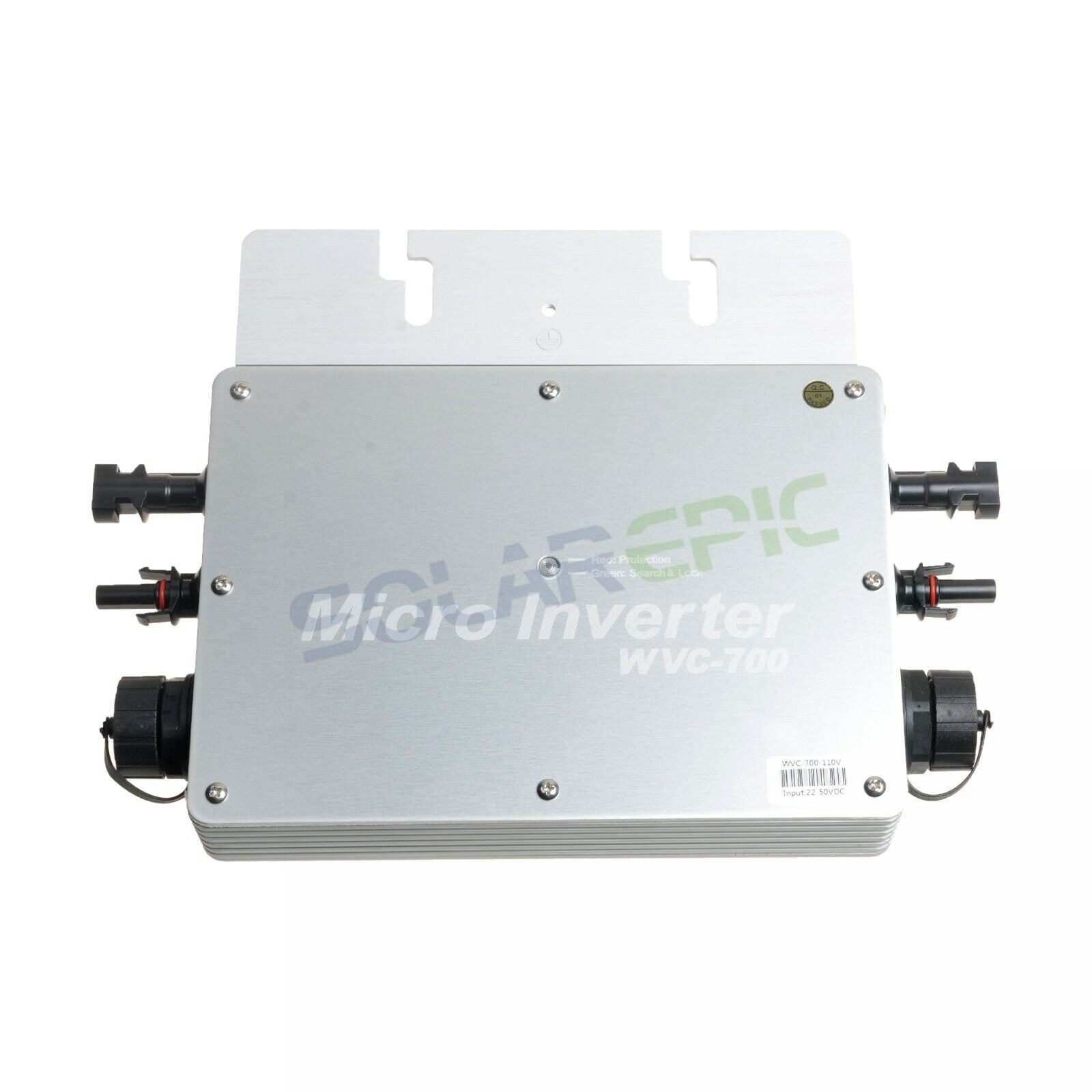 MPPT 700W Waterproof Grid Tie Inverter, SOLAREPIC WVC-700 micro inverter in sealed aluminum case with side DC connectors and AC cable glands