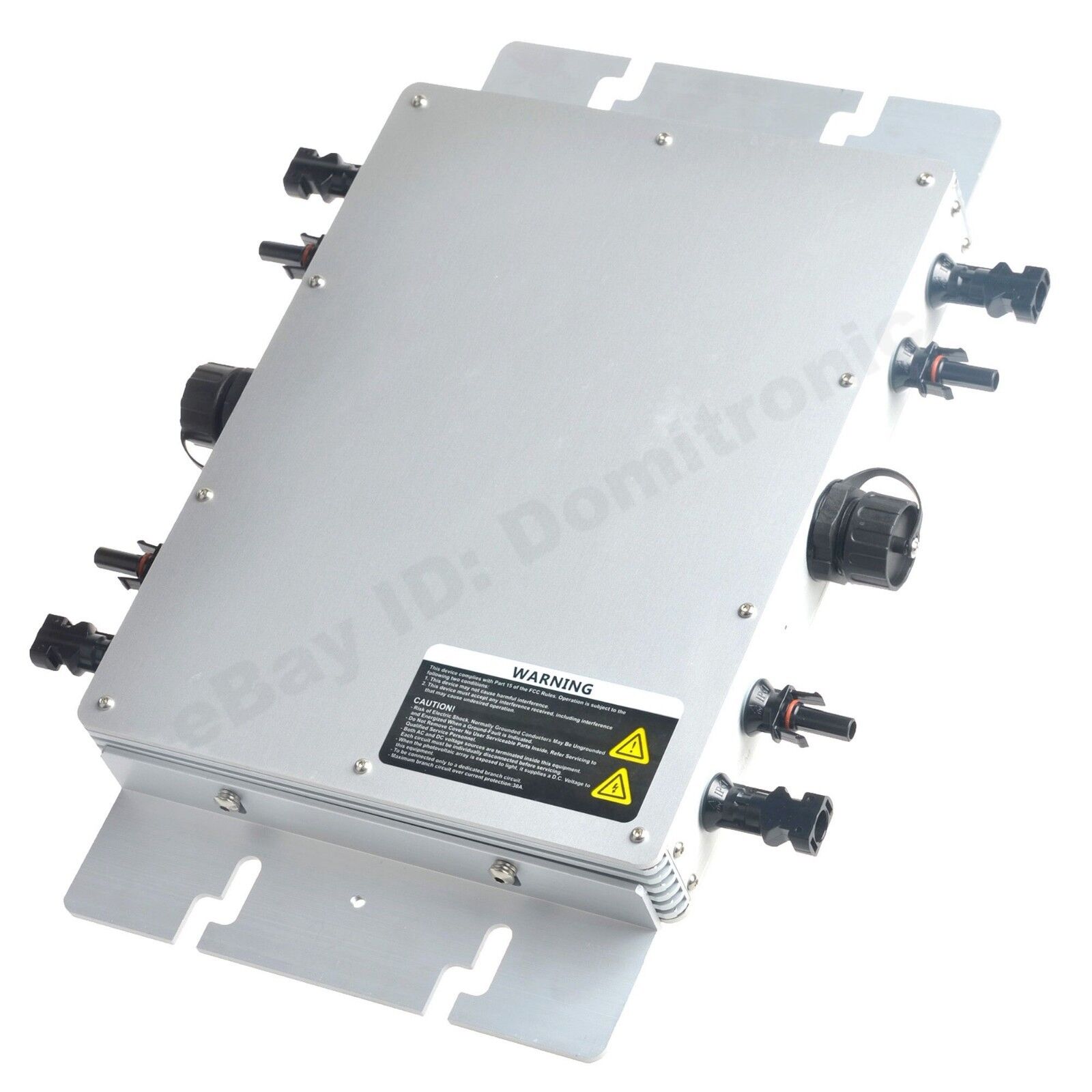 1200W waterproof grid tie inverter in metal enclosure with mounting brackets and multiple sealed cable connectors