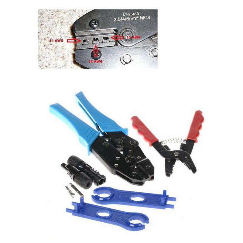 MC4 solar connector crimping tool set with blue-handle crimper, wire stripper, connectors, pins and wrenches