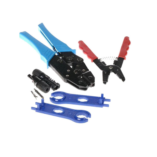 Solar MC4 connector crimping tool kit with blue-handled crimper, red cable cutter/stripper, MC4 plugs and wrenches