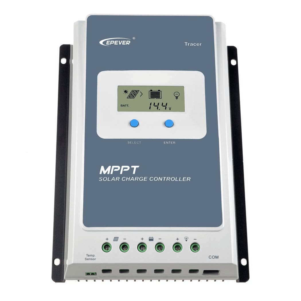 EPEVER Tracer AN MPPT Solar Charge Controller, EPEVER Tracer MPPT solar charge controller with LCD screen, two buttons, and bottom wiring terminals