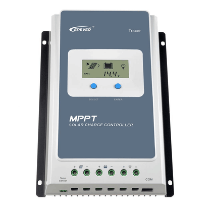 EPEVER Tracer AN MPPT Solar Charge Controller, EPEVER Tracer MPPT solar charge controller with LCD screen, two buttons, and bottom wiring terminals