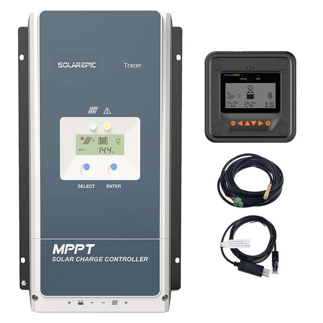 EPEVER Tracer MPPT solar charge controller with built-in LCD, remote display unit, and connection cables