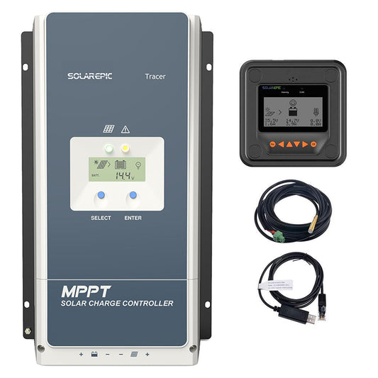 EPEVER Tracer MPPT solar charge controller with built-in LCD, remote display unit, and connection cables