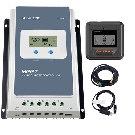 EPEVER Tracer MPPT solar charge controller kit with LCD display, MT50 remote meter, and temperature sensor cable