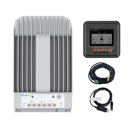 EPEVER Tracer4215BN MPPT solar charge controller with MT50 display meter, temperature sensor lead, and USB-RS485 cable