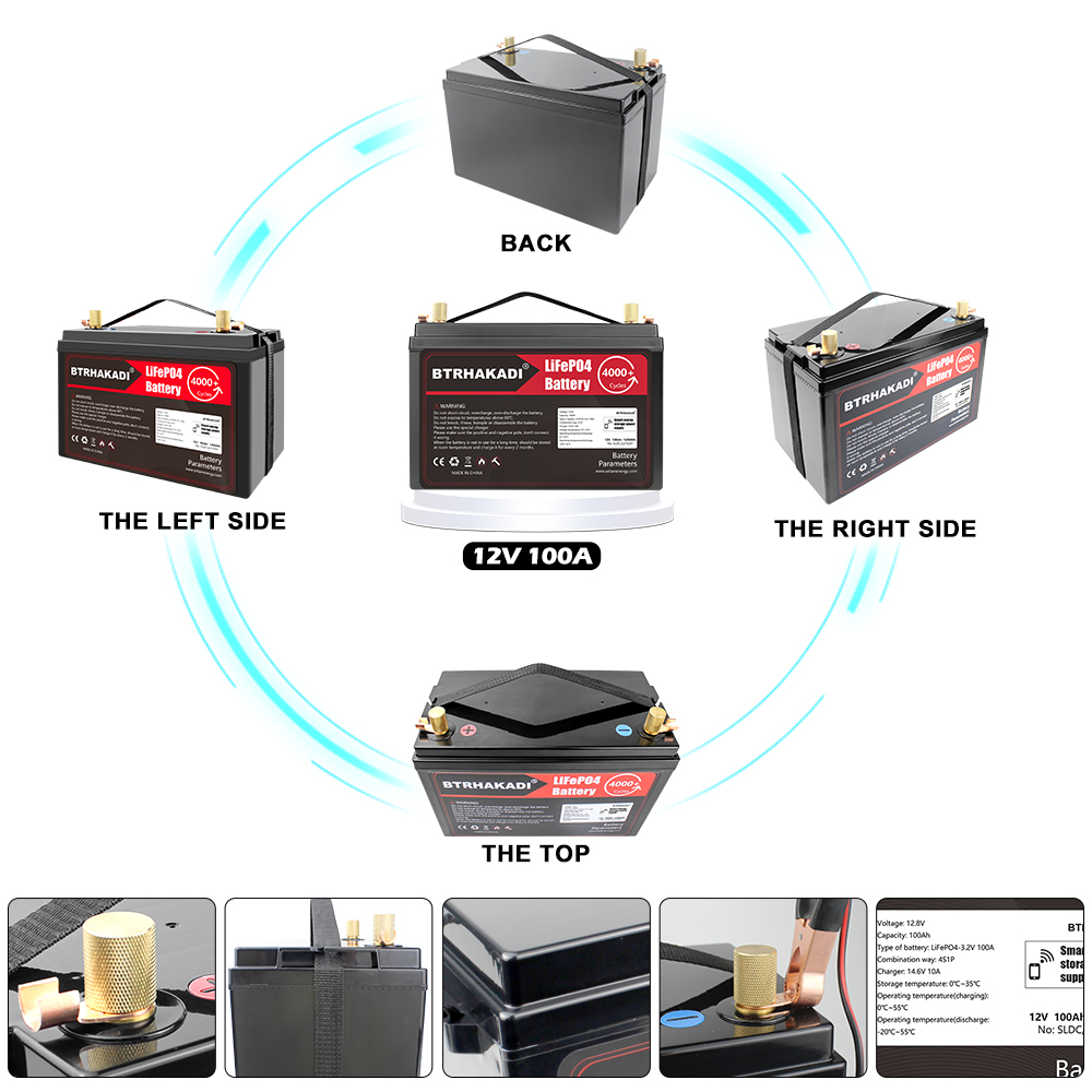 Multiple angle views of 12V 100Ah LiFePO4 battery showing top, back, left and right sides with close-ups