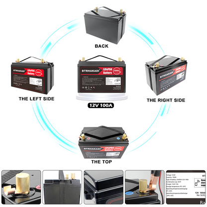 Multiple angle views of 12V 100Ah LiFePO4 battery showing top, back, left and right sides with close-ups