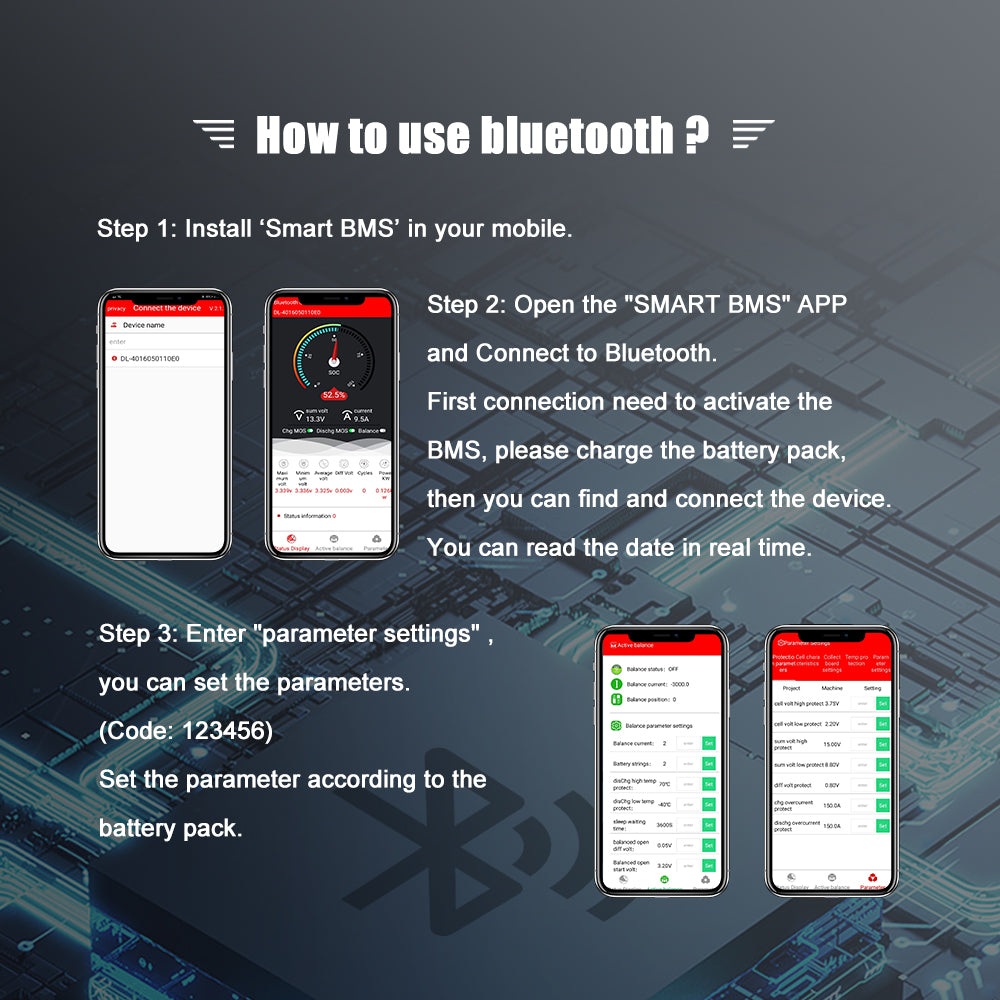 Bluetooth Smart BMS app setup instructions showing pairing steps and parameter settings screens