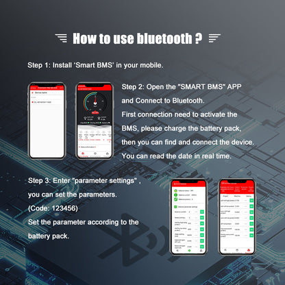 Bluetooth Smart BMS app setup instructions showing pairing steps and parameter settings screens
