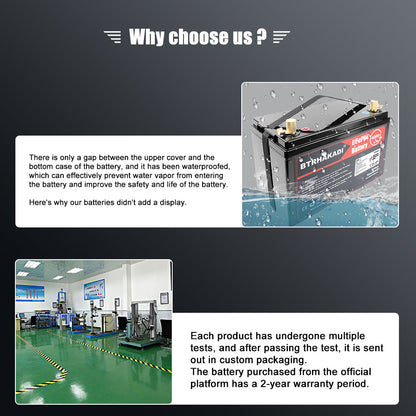 Water-resistant design illustration and factory testing graphic for the LiFePO4 battery