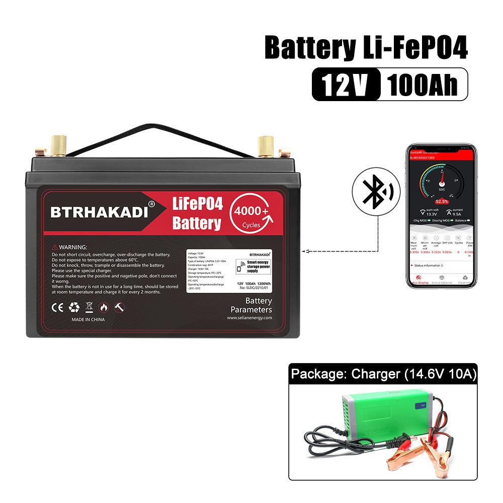 HAKADI 12V 100Ah LiFePO4 battery with Bluetooth Smart BMS app preview and 14.6V 10A charger shown