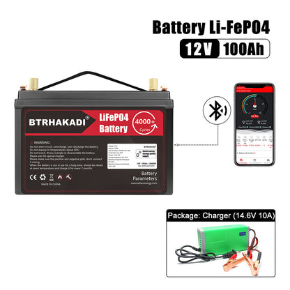 HAKADI 12V 100Ah LiFePO4 battery with Bluetooth Smart BMS app preview and 14.6V 10A charger shown