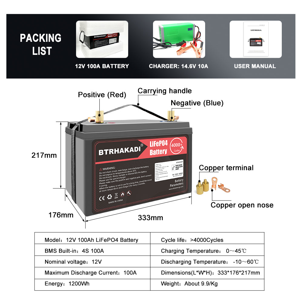 Packing list and dimensions for 12V 100Ah LiFePO4 battery, includes charger, manual, and terminal hardware