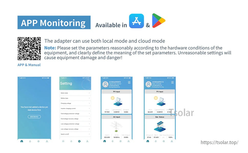 APP monitoring overview with QR code for app/manual plus iOS and Android screenshots for local and cloud mode