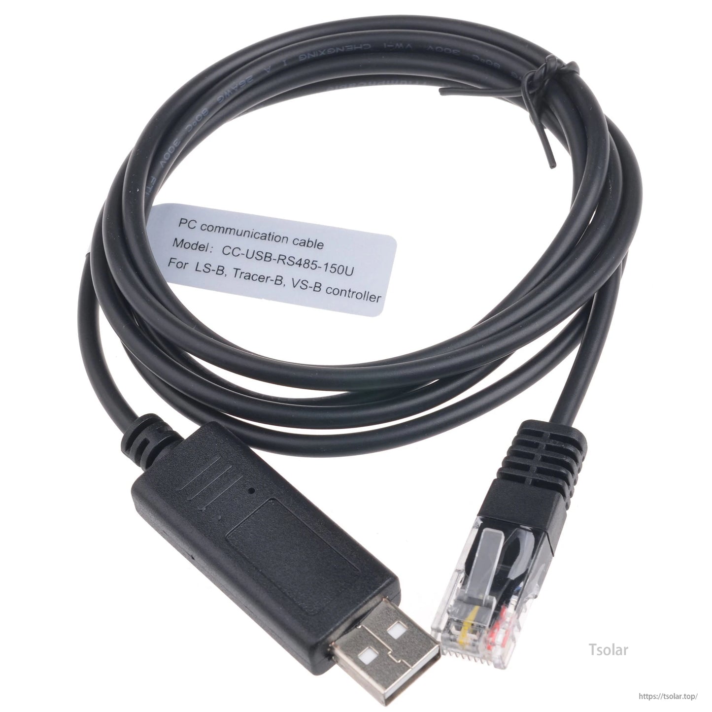 RS485 to USB monitoring adapter cable with USB-A plug and RJ45 connector, labeled CC-USB-RS485-150U