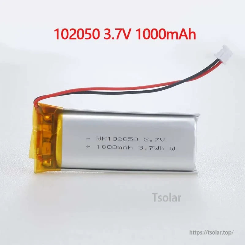 Rechargeable Lithium Battery, A 3.7V 1000mAh lithium battery, model WN102050, silver casing, red and black wires, rated 3.7Wh.