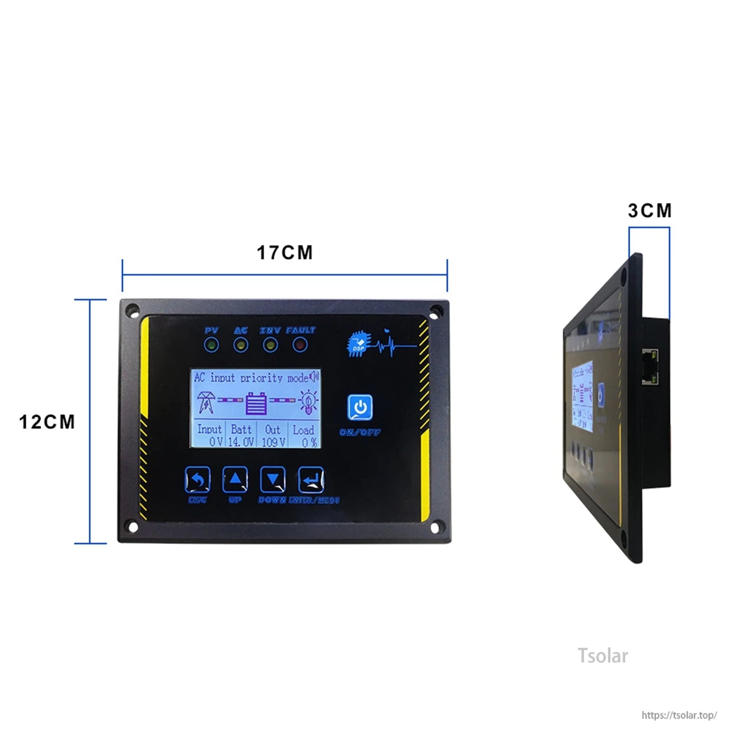 Remote LCD panel dimensions diagram showing 17cm x 12cm front size and 3cm thickness