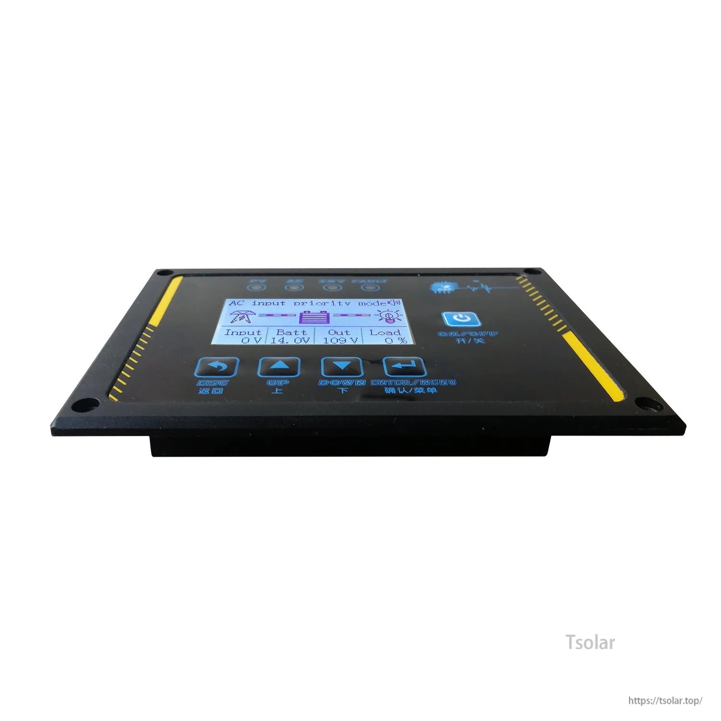 Angled view of remote control panel for inverter, HD LCD display and button layout shown