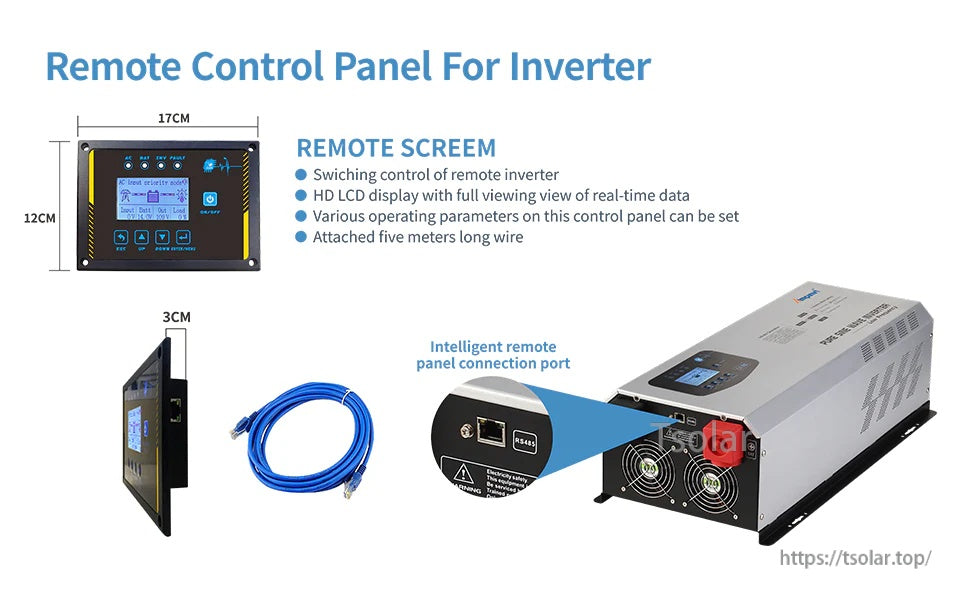 Remote control panel for inverter with 17×12 cm HD LCD screen, RS485 port connection and 5 m cable