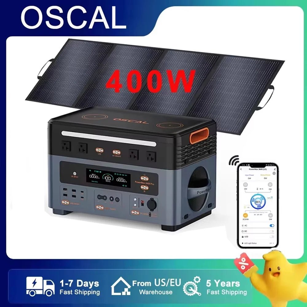 OSCAL Portable Power Station, Portable power station with solar panel for efficient charging, featuring 2400W inverter and 1872Wh LiFePO4 battery.