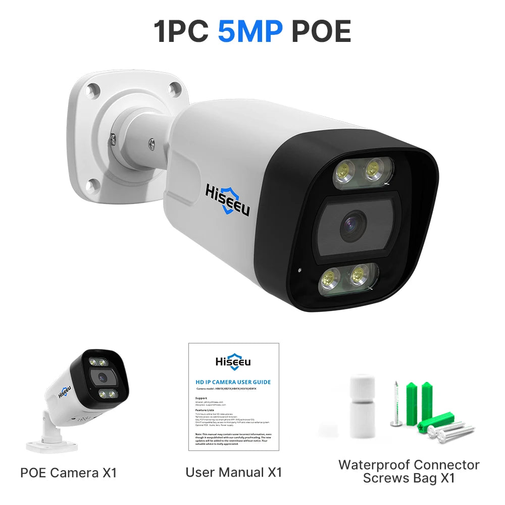 Hiseeu 4K 8MP Camera, User guide for Hiseeu's 4K 8MP camera with POE connector and accessories.