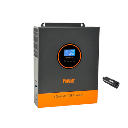 PowMr solar inverter charger angled view showing side vents and included accessory module