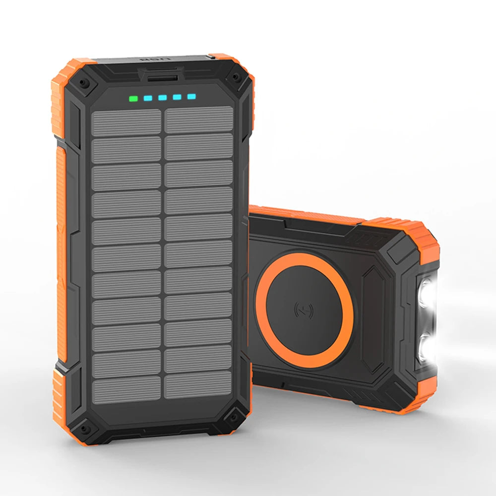 36000mAh Solar Power Bank with 15W Wireless Charging, Built-in 4 Cables, Dual LED SOS/Strobe Flashlight