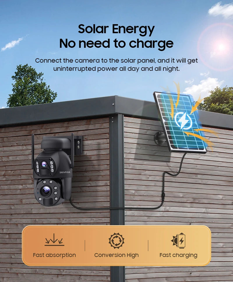 SHIWOJIA 4K 8MP 4G Solar Camera, Solar-powered camera requires no recharging; connects to solar panel for constant power.