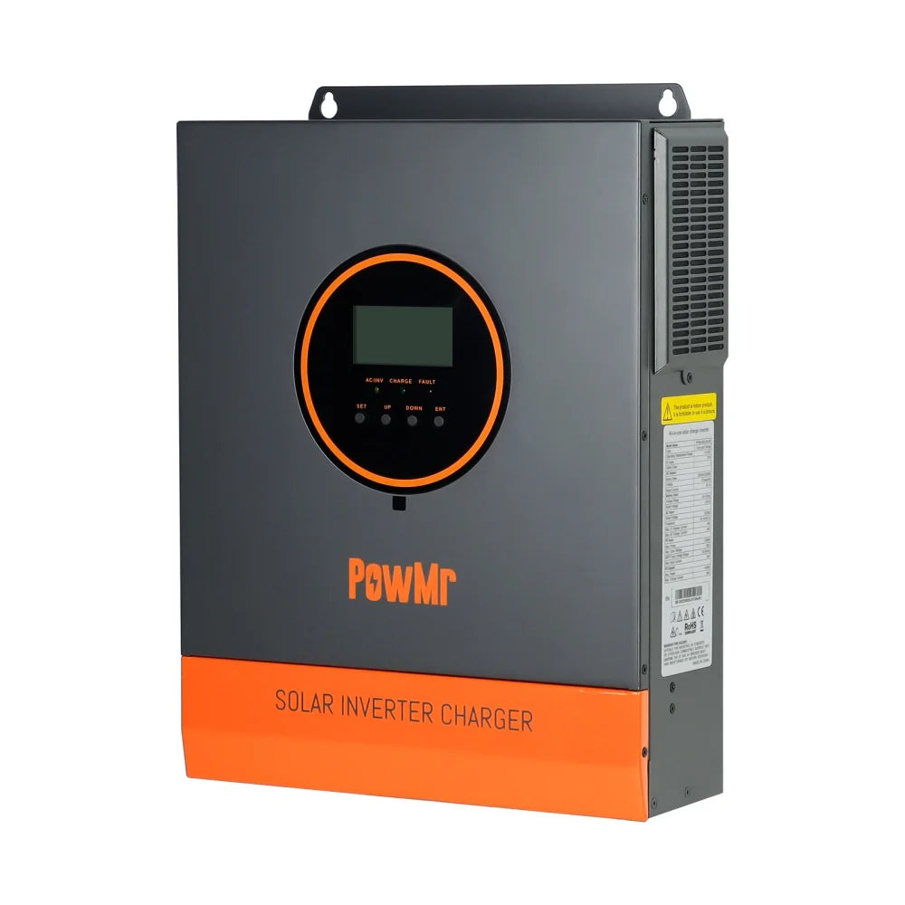 PowMr POW-LVM3.2K-24V 3200W 24V hybrid solar inverter charger, front angled view with LCD