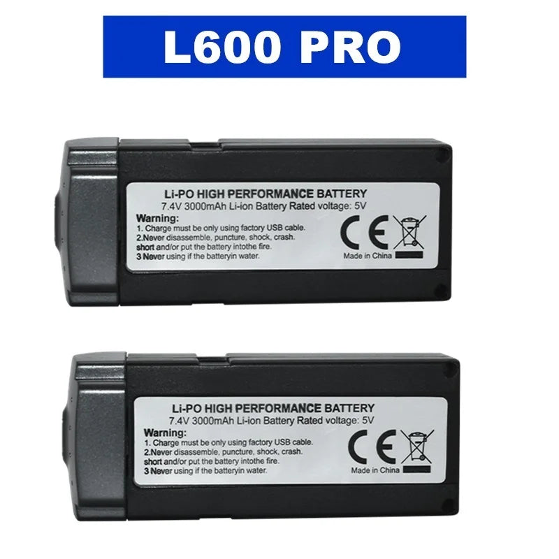 7.4V 3000mAh Li-Po battery, USB charging only. Avoid damage, fire, or water. CE certified, made in China.