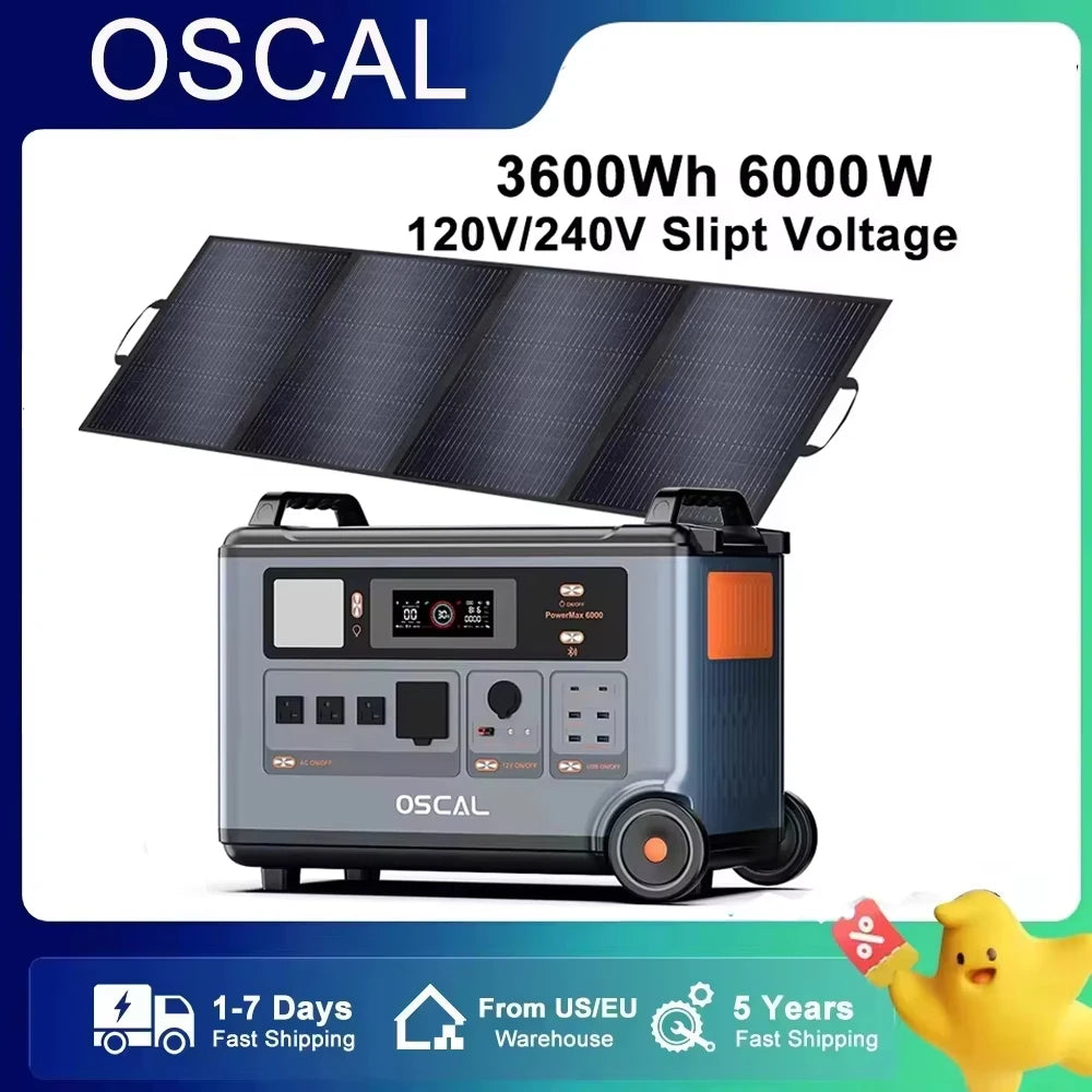 OSCAL 3600Wh power station with 400W solar panel, dual 120V/240V output, 6000W surge, fast shipping, and 5-year warranty for reliable off-grid energy.