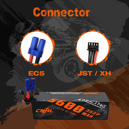 CNHL 3S/4S LiPo Battery, CNHL 5600mAh 11.1V 120C LiPo battery for RC vehicles, with EC5 and JST/XH connectors, offering high power and durability.