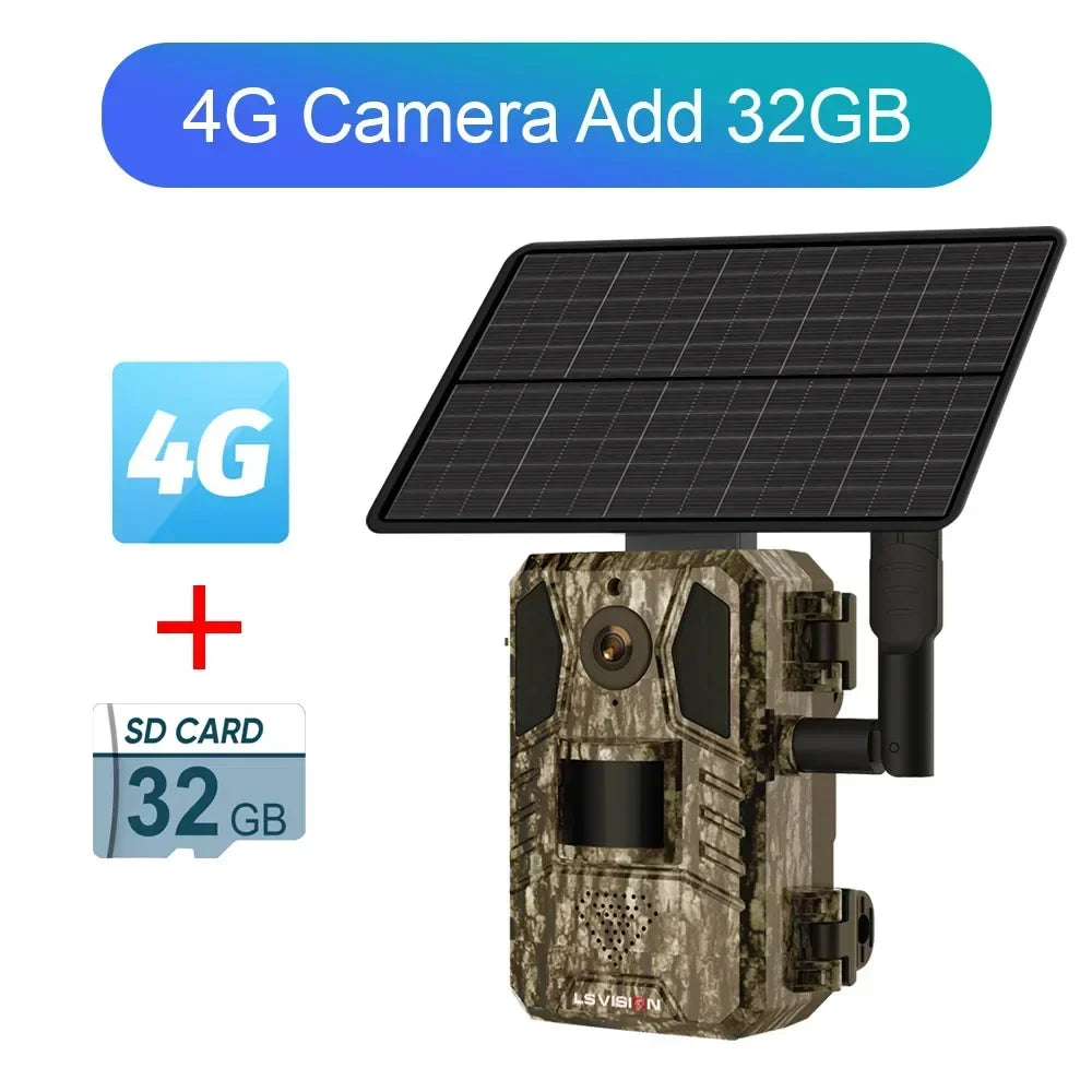 LS VISION 4G Solar Hunting Trail Camera - Outdoor 4MP Night Vision PIR Motion Detection 7800mAh Battery Waterproof Wildlife Camera