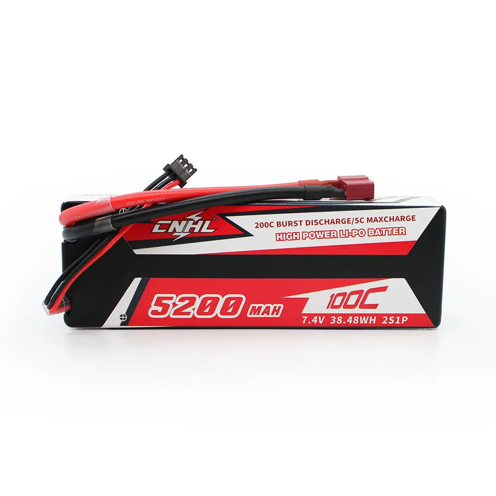 CNHL Lipo Battery, CNHL 5200mAh 7.4V 2S1P LiPo battery with 100C continuous, 200C burst discharge, Deans plug, and 5C max charge for high-power applications.