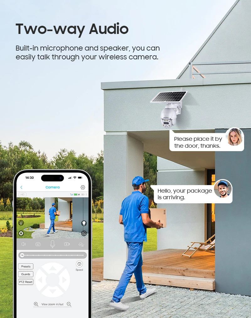 SHIWOJIA S379 Solar Camera, Two-way audio allows real-time communication through camera's mic and speaker.