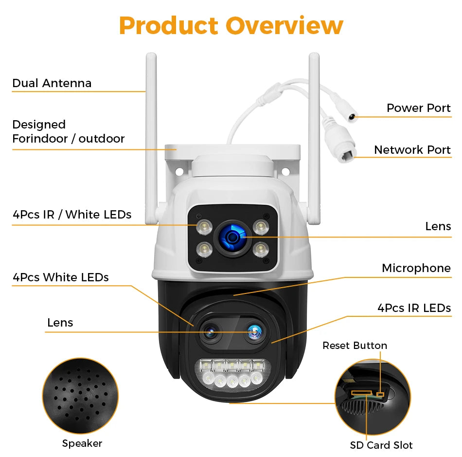 Hiseeu 9MP Camera, Hiseeu's PTZ camera with dual screens, 3 lenses, and advanced features.