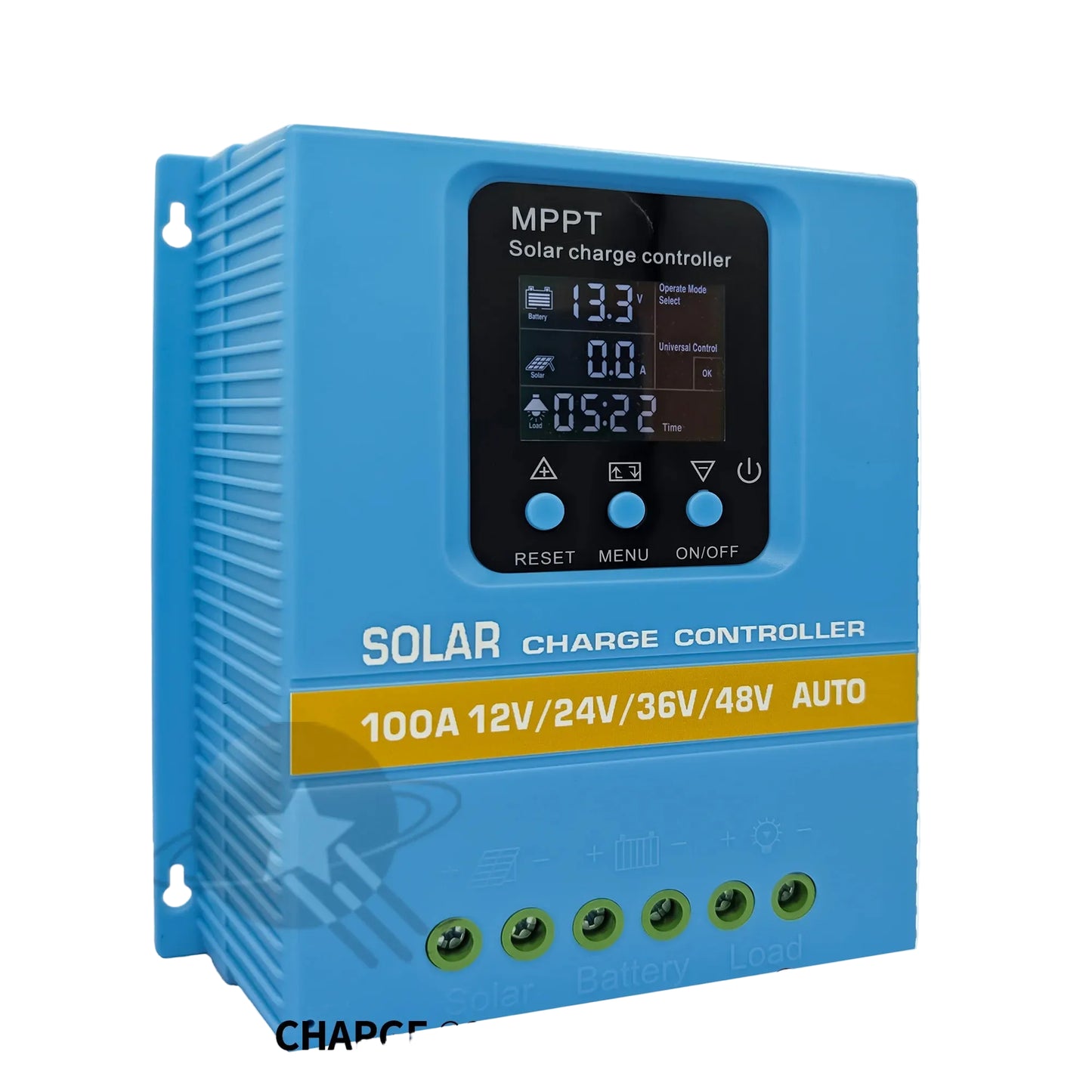 POWLSOJX MPPT Solar Charge Controller front view with LCD screen and button controls