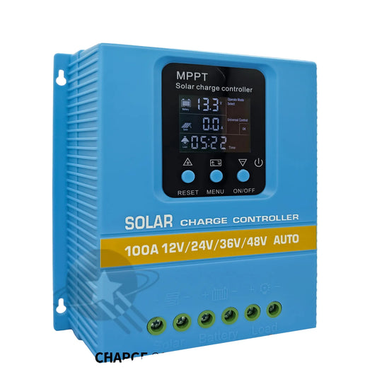 POWLSOJX MPPT Solar Charge Controller front view with LCD screen and button controls