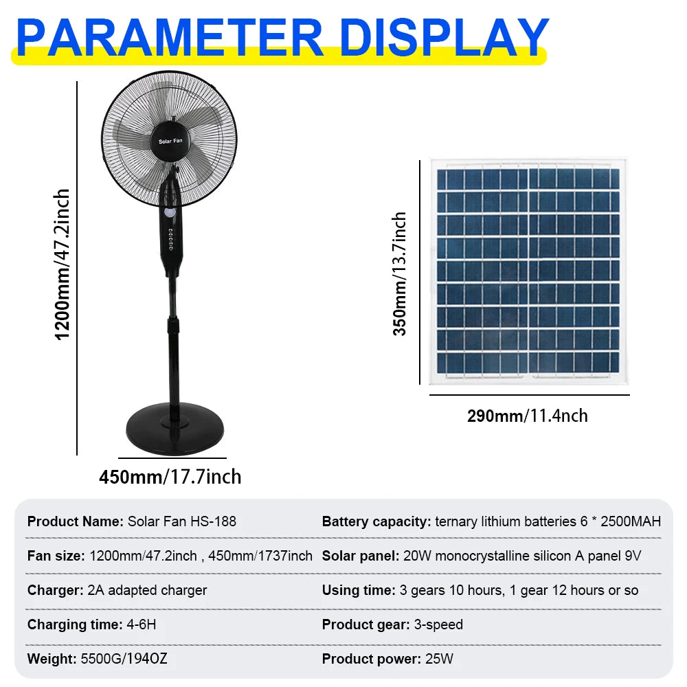 25W Solar Floor Fan with 18000mAh Battery, 20W Solar Panel, 3-Speed, USB Port & Night Light – 12H Runtime for Home, Camping & Emergency